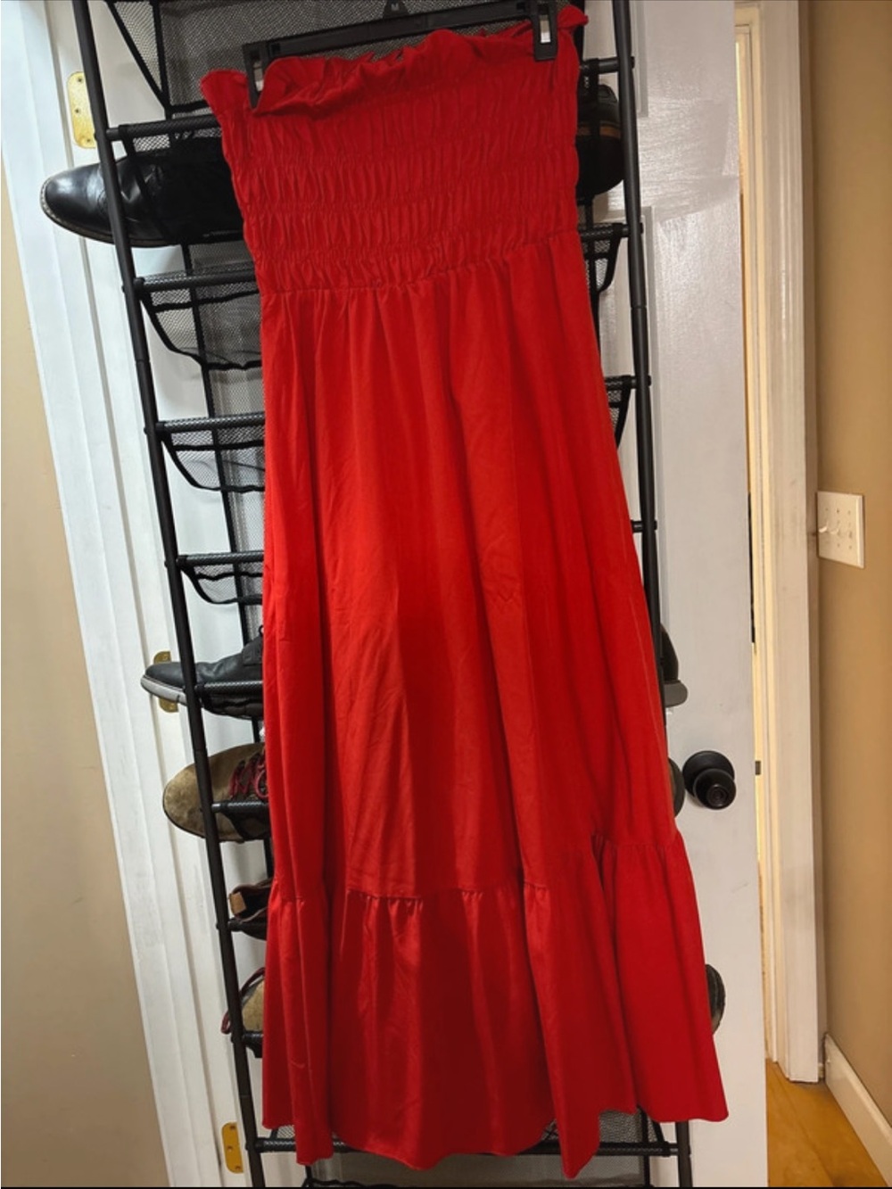 SHEIN Red Strapless Smocked Maxi Dress